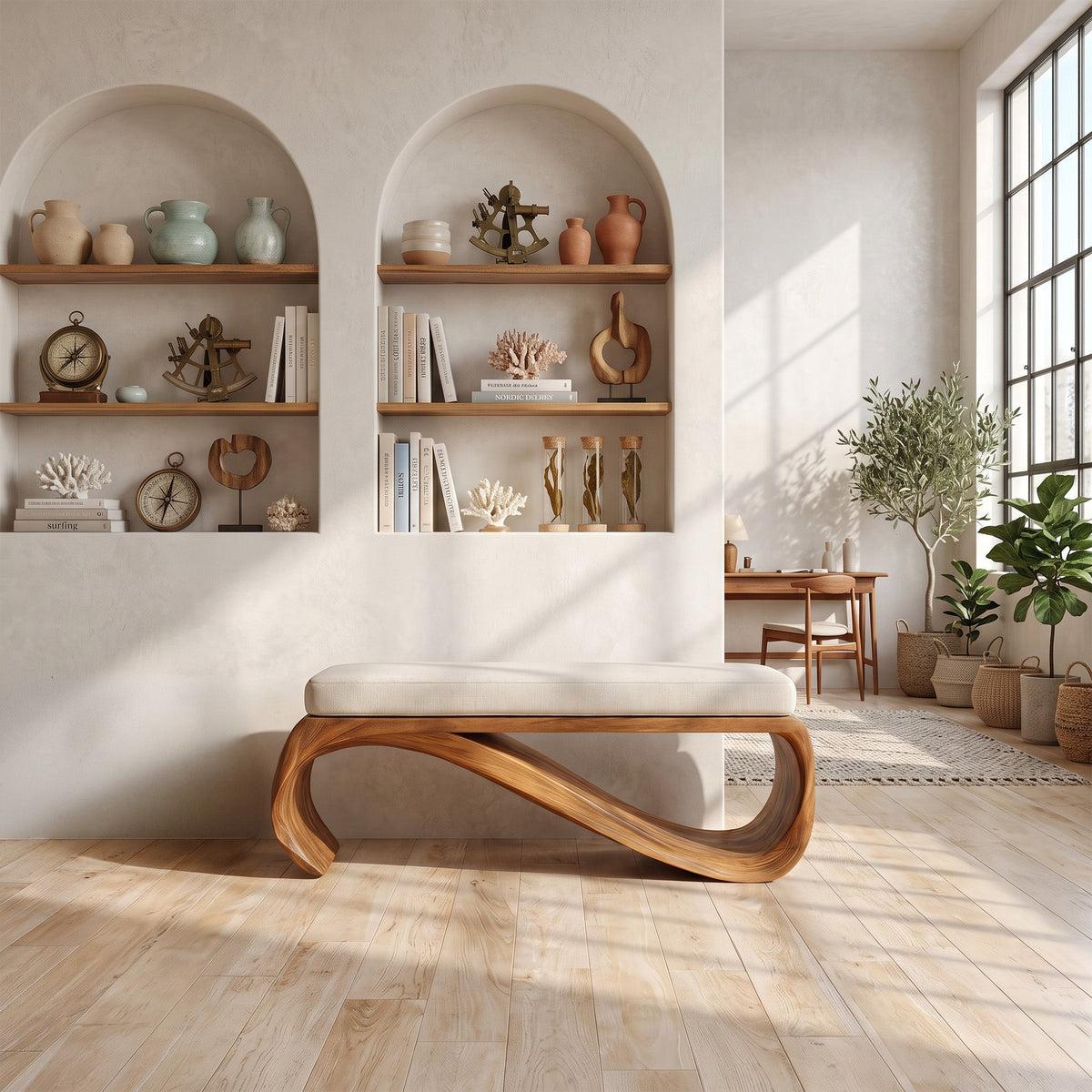 Mid-Century Solid Wood End-of-Bed Bench with Clean Lines in Brown finish