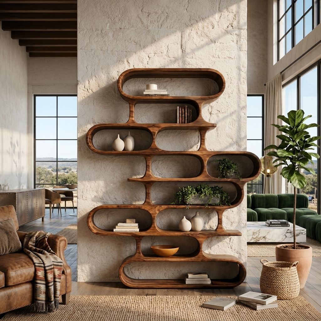 Curved Organic Solid Wood Bookshelf for Living Room or Office in Brown finish