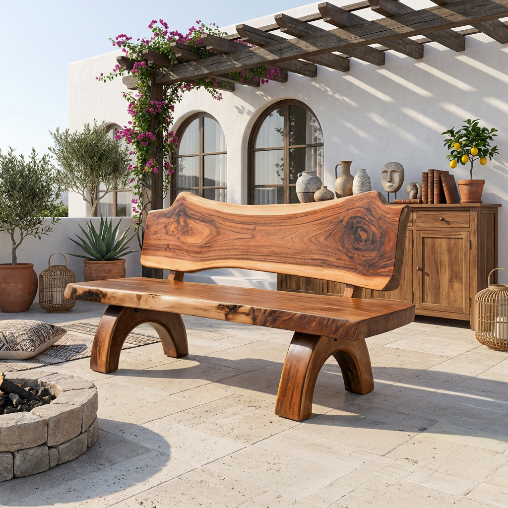 Rustic Live Edge Solid Wood Bench with Backrest for Patio in Brown finish