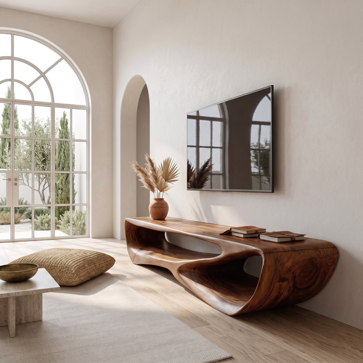 Curved Solid Wood Low TV Console with Open Center in Brown finish
