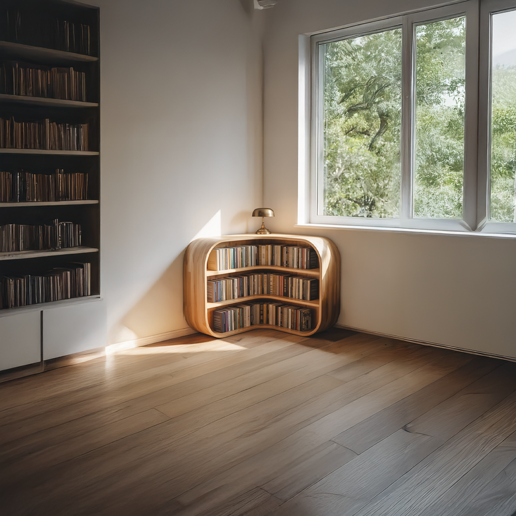 Mid-Century Solid Wood Corner Bookshelf with Curved Compartments - view 3