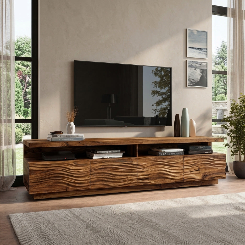 Solid Wood TV Stand with Wave Carved Storage Cabinets in Brown finish