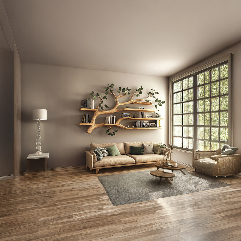 Rustic Tree Branch Floating Wall Shelf for Office or Reading Corner - view 2