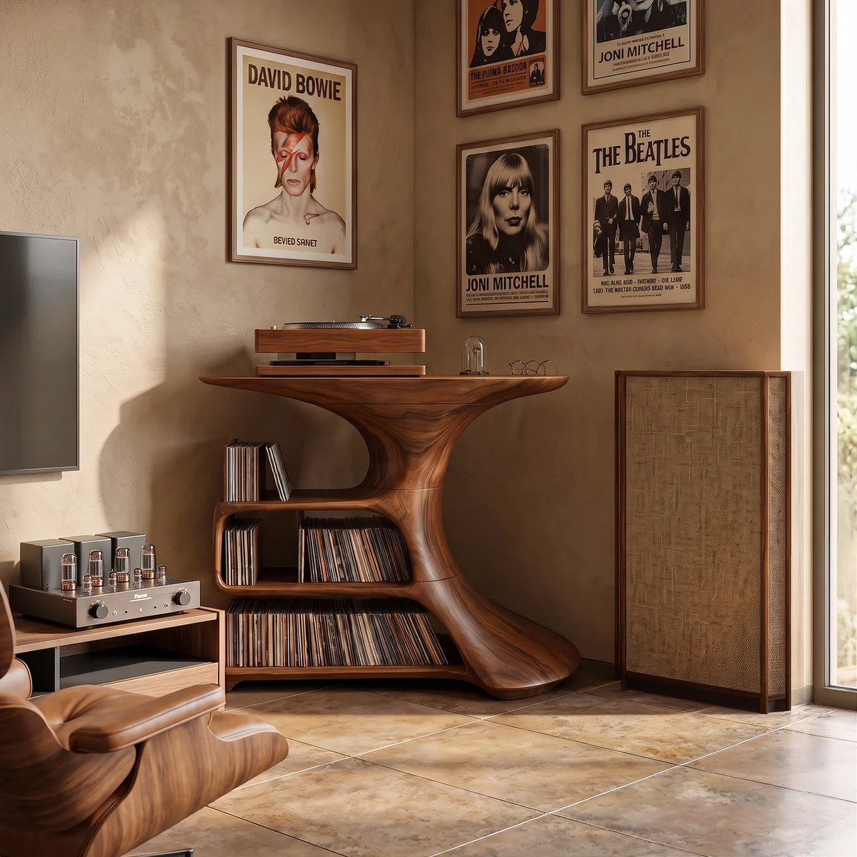 Mid-Century Hardwood Media Console and Record Stand for Bedroom in Brown finish