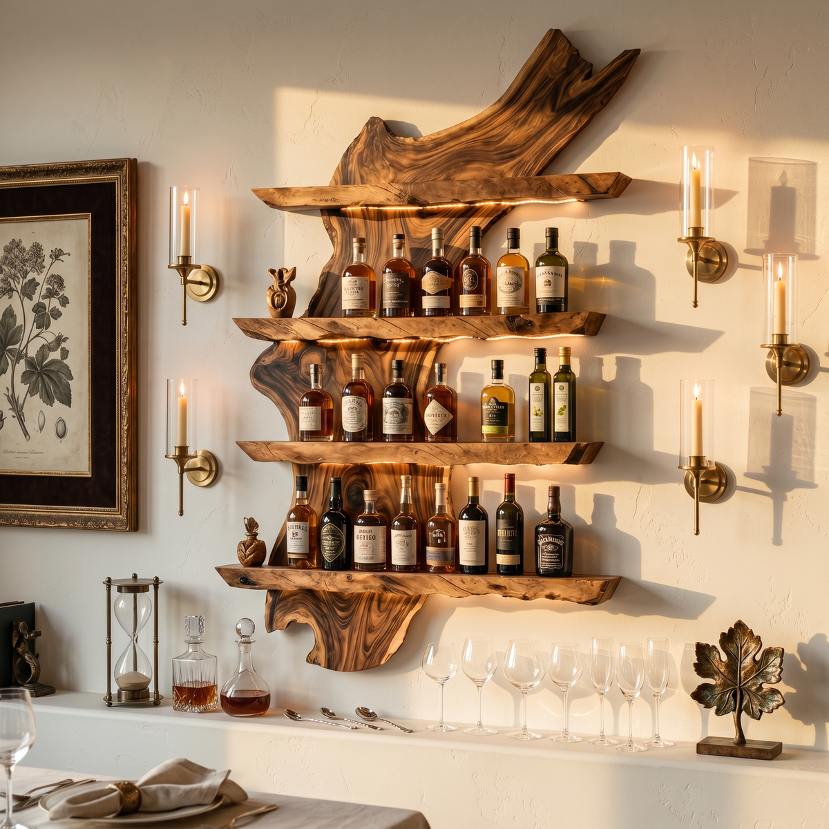Monkey Pod Wood Wall Wine Rack in Mid-Century Style in Brown finish