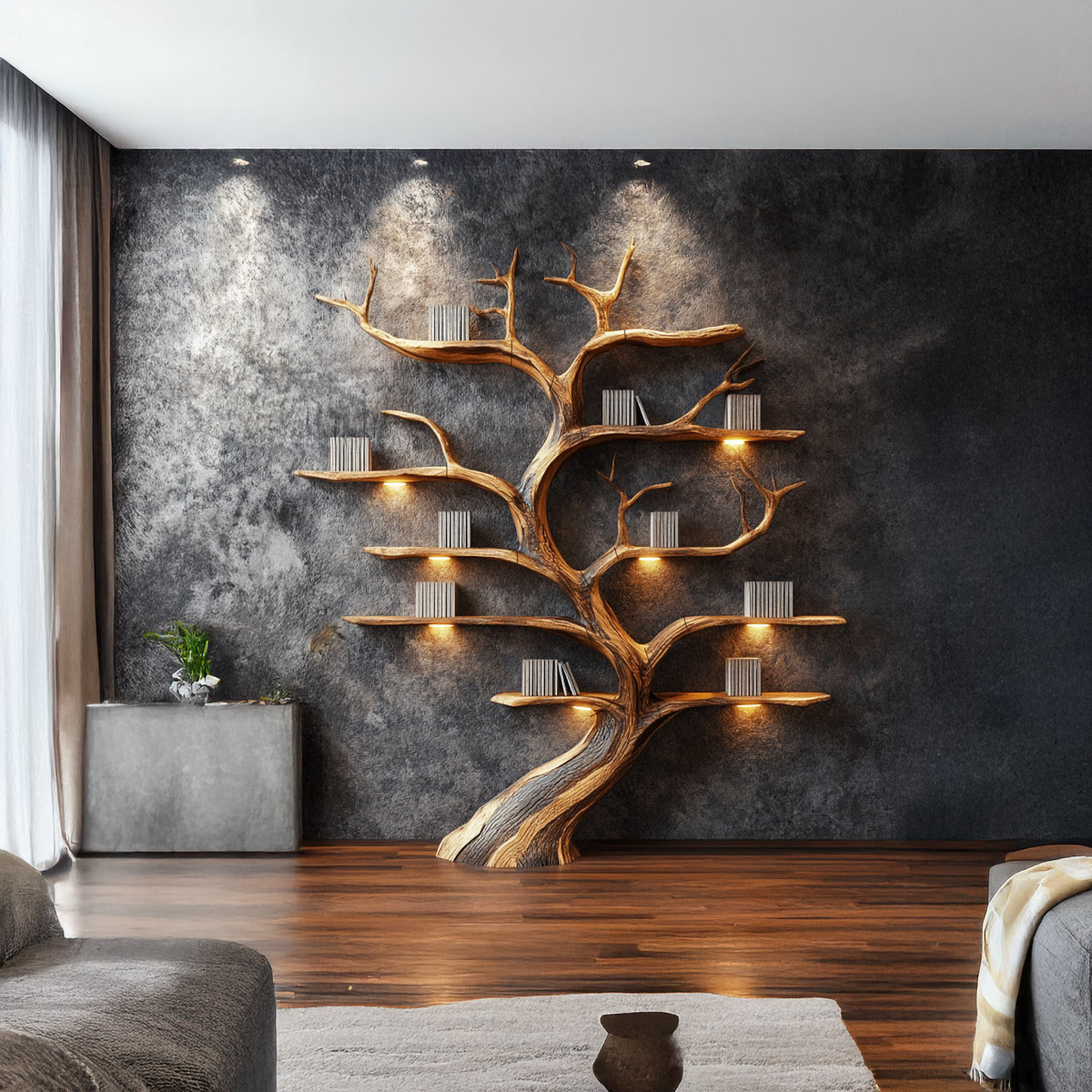 Driftwood-Style Tree Branch Wall Shelf in Rustic Solid Wood in Brown finish