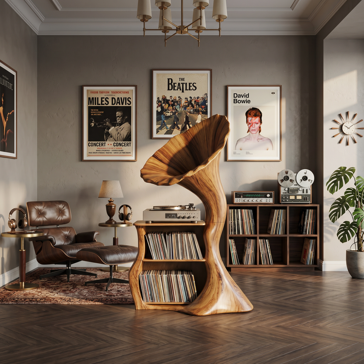 Handcrafted Hardwood Record Player Stand with Cube Storage in Brown finish