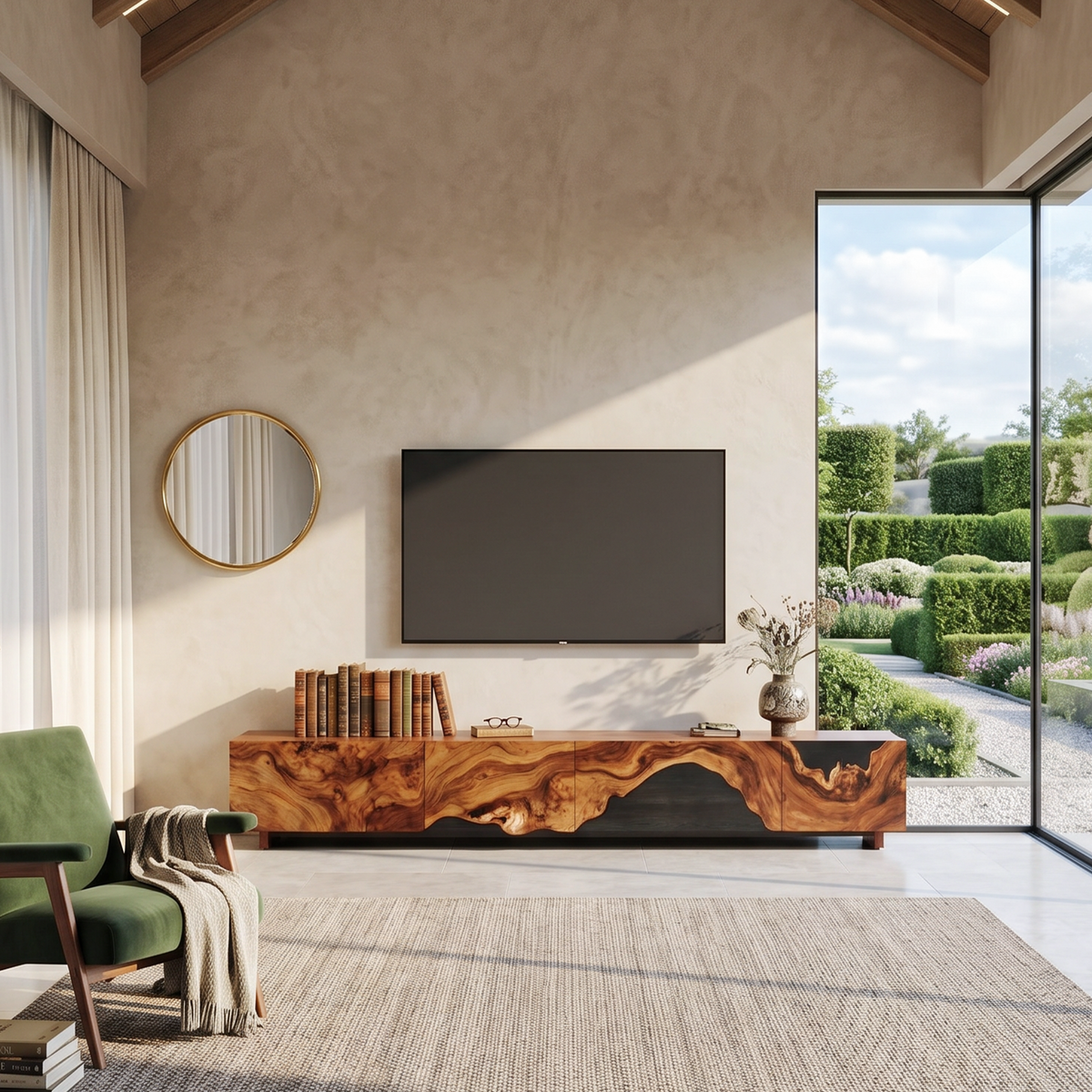 Floating Live Edge TV Console with Open Shelving in Brown finish