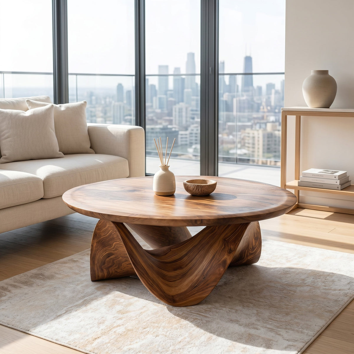 Solid Wood Round Coffee Table with Sculptural Curved Base in Brown finish