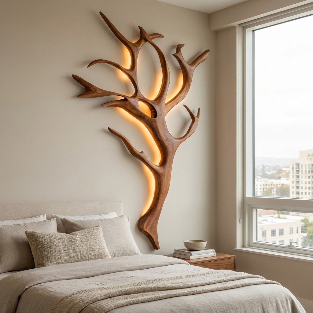 Handcrafted Wood Tree Branch Wall Lamp with Integrated Lighting in Brown finish