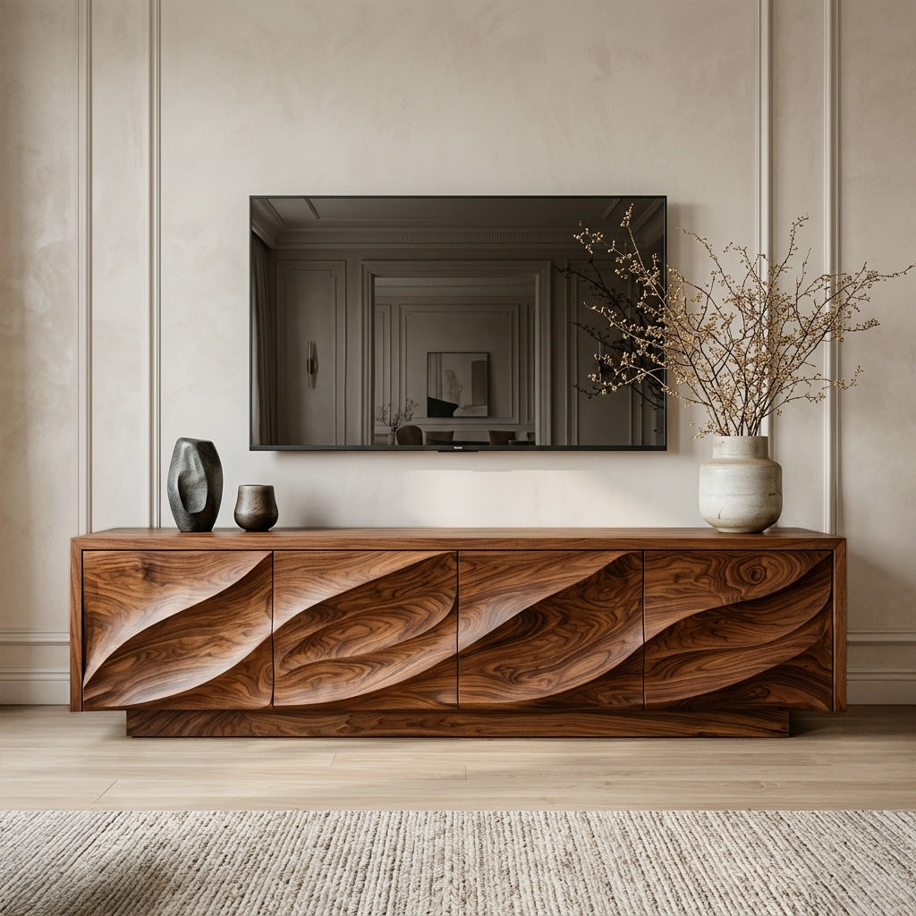 Solid Wood TV Cabinet with Carved Wave Doors in Brown finish