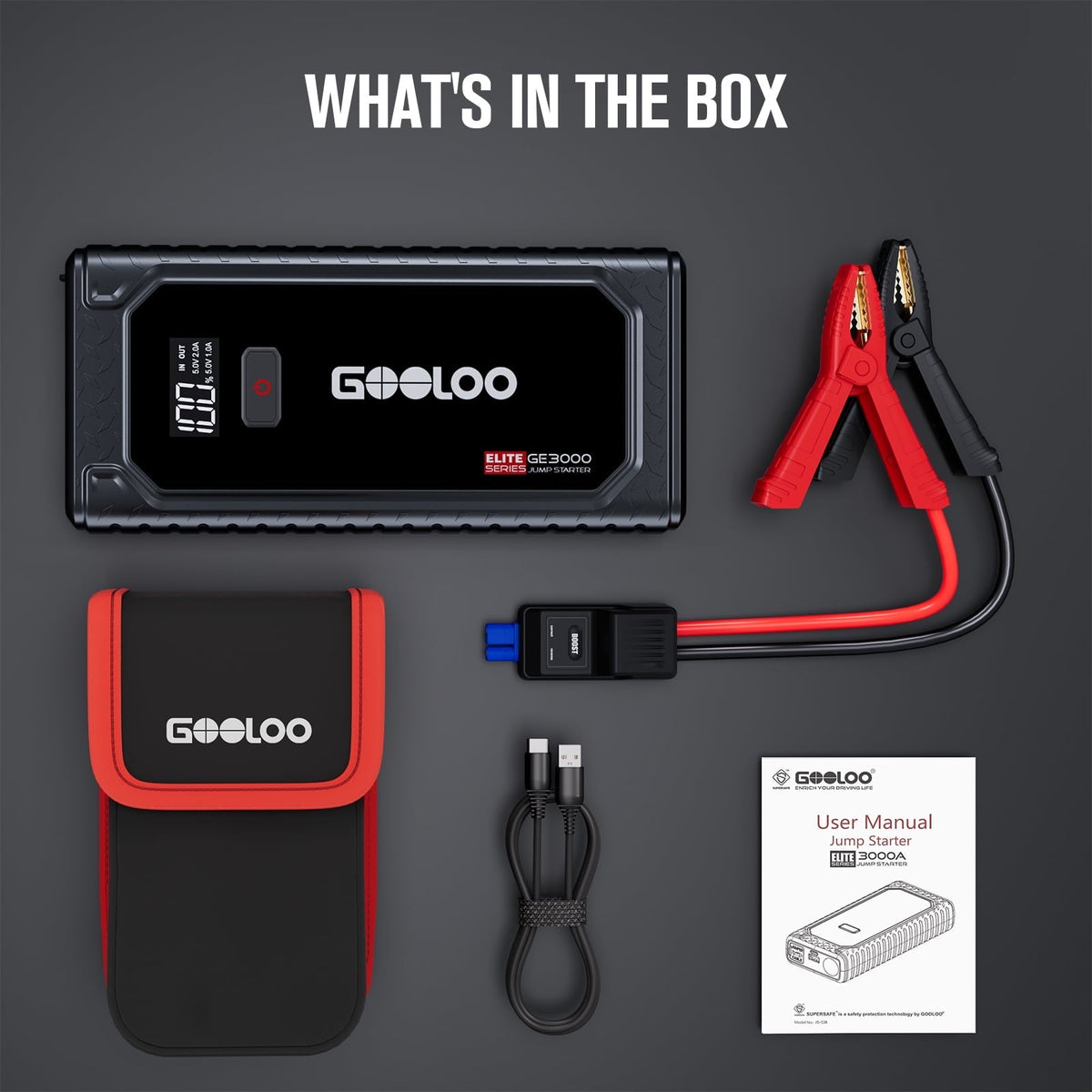 GOOLOO GE3000 Car Jump Starter, 3000A Portable Jump Box & Battery Booster with Smart Jumper Cables, 12V Jump Starter for Up to 8.5L Gas/6.0L Diesel