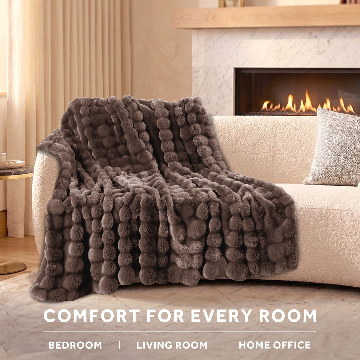 Sunbeam Heated Electric Bubble Faux Fur Throw Blanket, Luxury Collection, Brown, 4 Heat Settings, 50 x 70 in