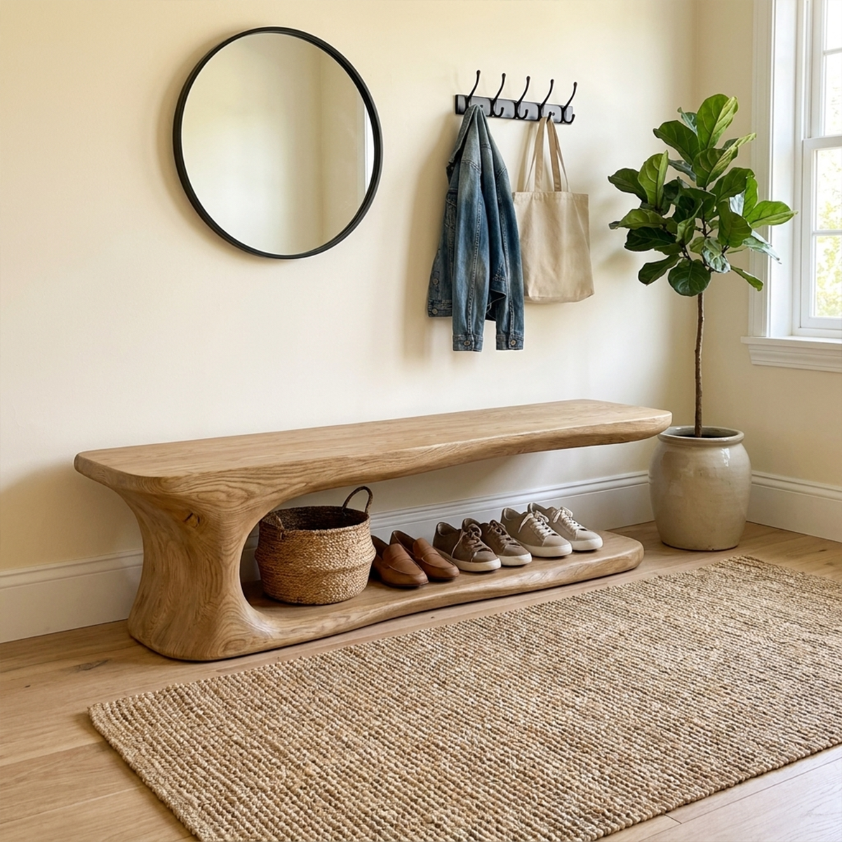 Rustic Live Edge Solid Wood Shoe Bench for Entryway in Oak finish