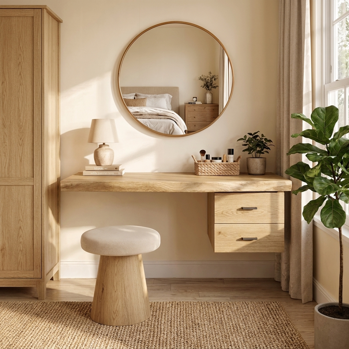 Floating Solid Wood Dressing Table with Drawer for Bedroom in Oak finish