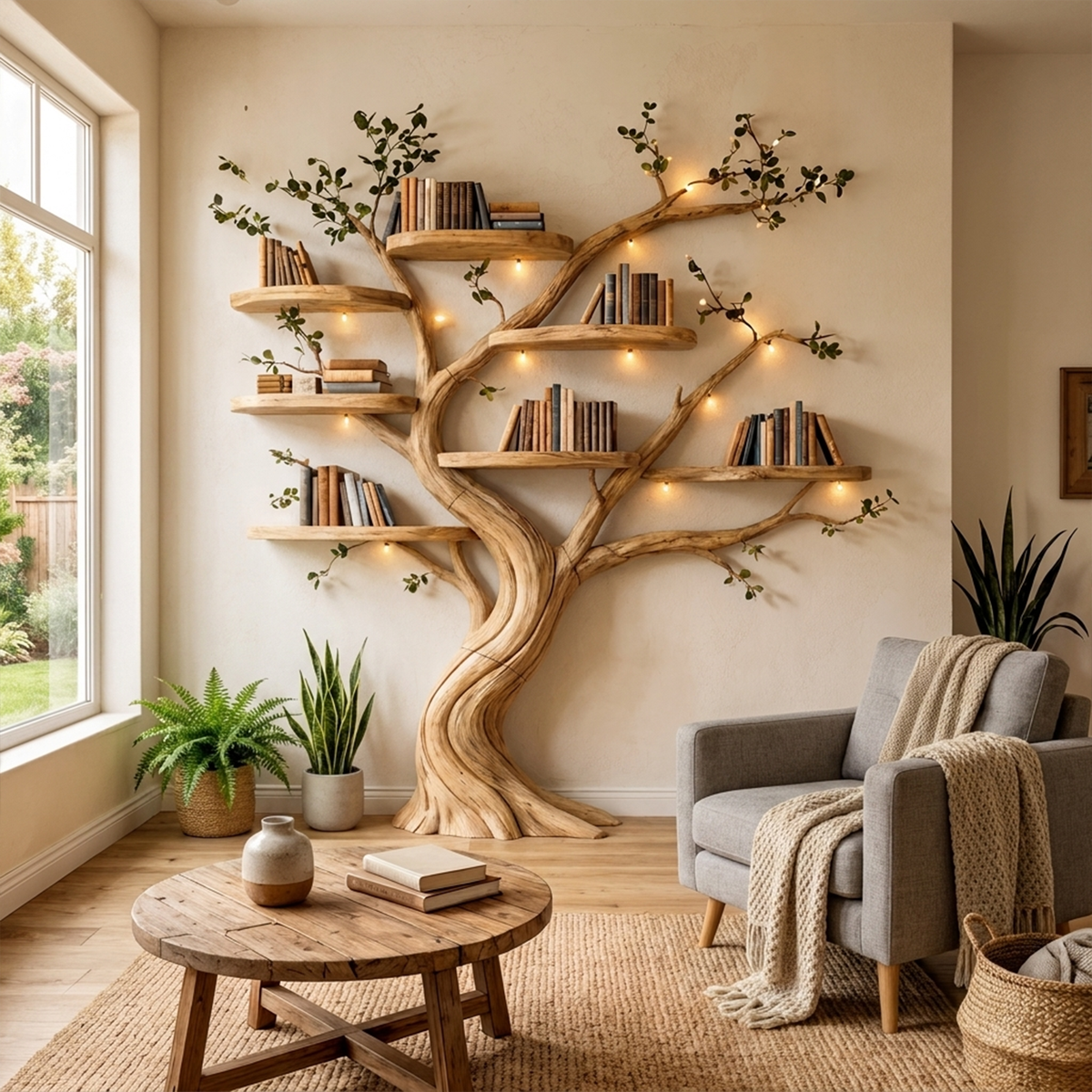 Tree Branch Floating Bookshelf Wall Display for Living Room in Oak finish