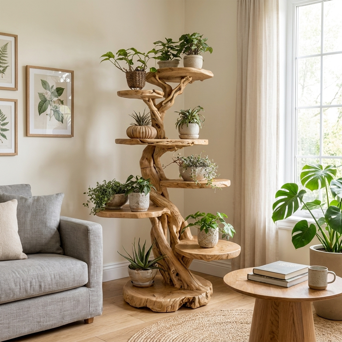 Rustic Solid Wood Tree Plant Shelf with Branch Display Surfaces in Oak finish