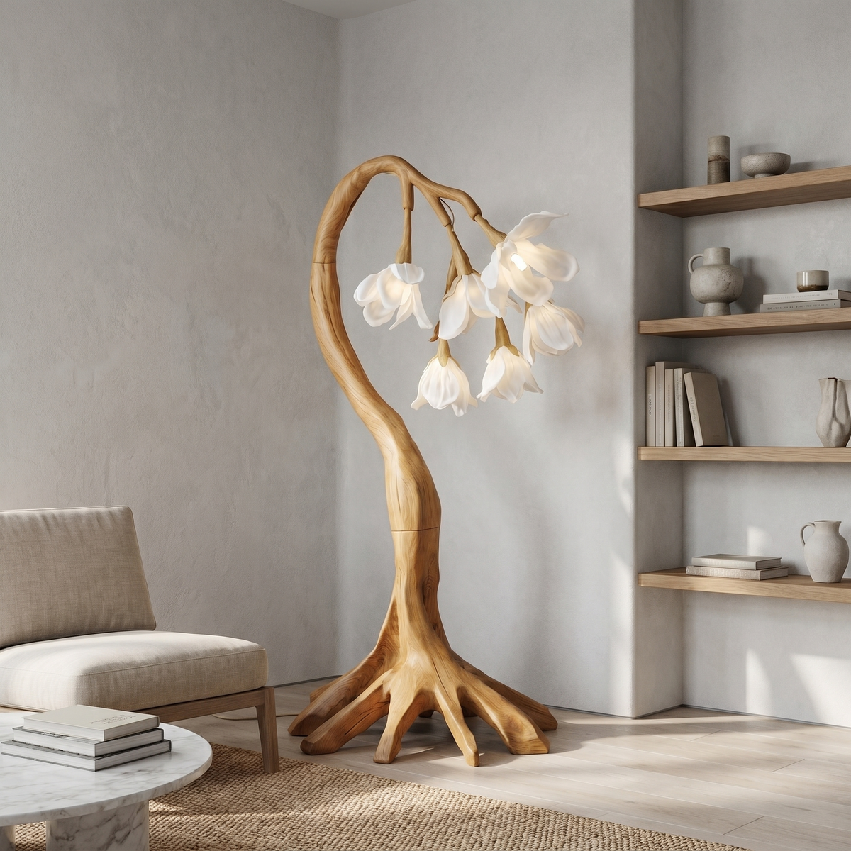 Flower Petal Floor Lamp with Sculptural Solid Wood Branch Base in Oak finish