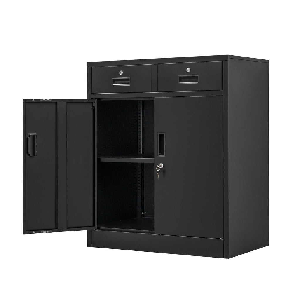 Metal Storage Cabinet, 36" H Locking Storage Cabinet with 2 Drawers and Adjustable Shelf, Metal Cabinets for Office, Garage, Home-Black