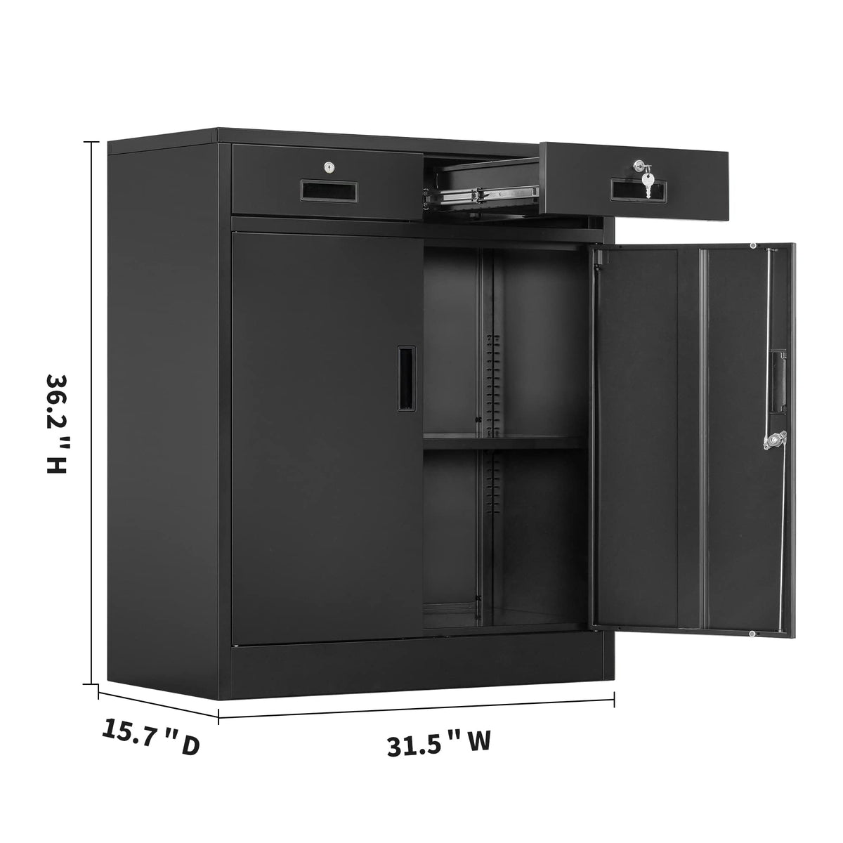 Metal Storage Cabinet, 36" H Locking Storage Cabinet with 2 Drawers and Adjustable Shelf, Metal Cabinets for Office, Garage, Home-Black