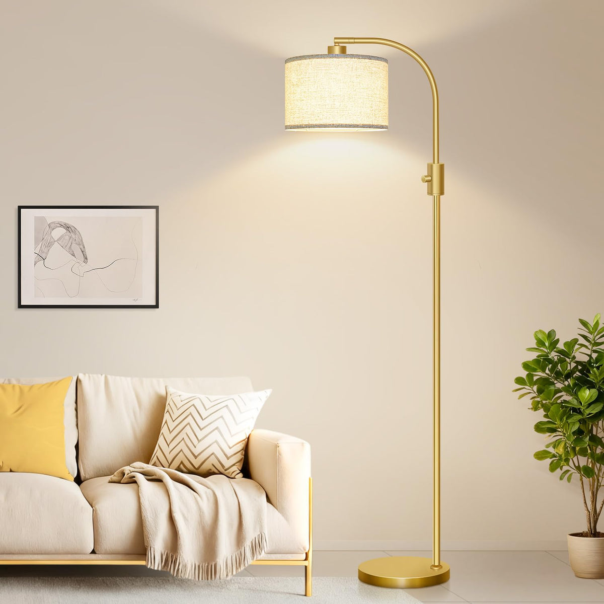 Upgraded Modern Arc Dimmable Tall Standing Floor Lamp with Linen Shade, 1200 Lumens LED Bulb Included, for Living & Reading Room, Bedroom, Office &