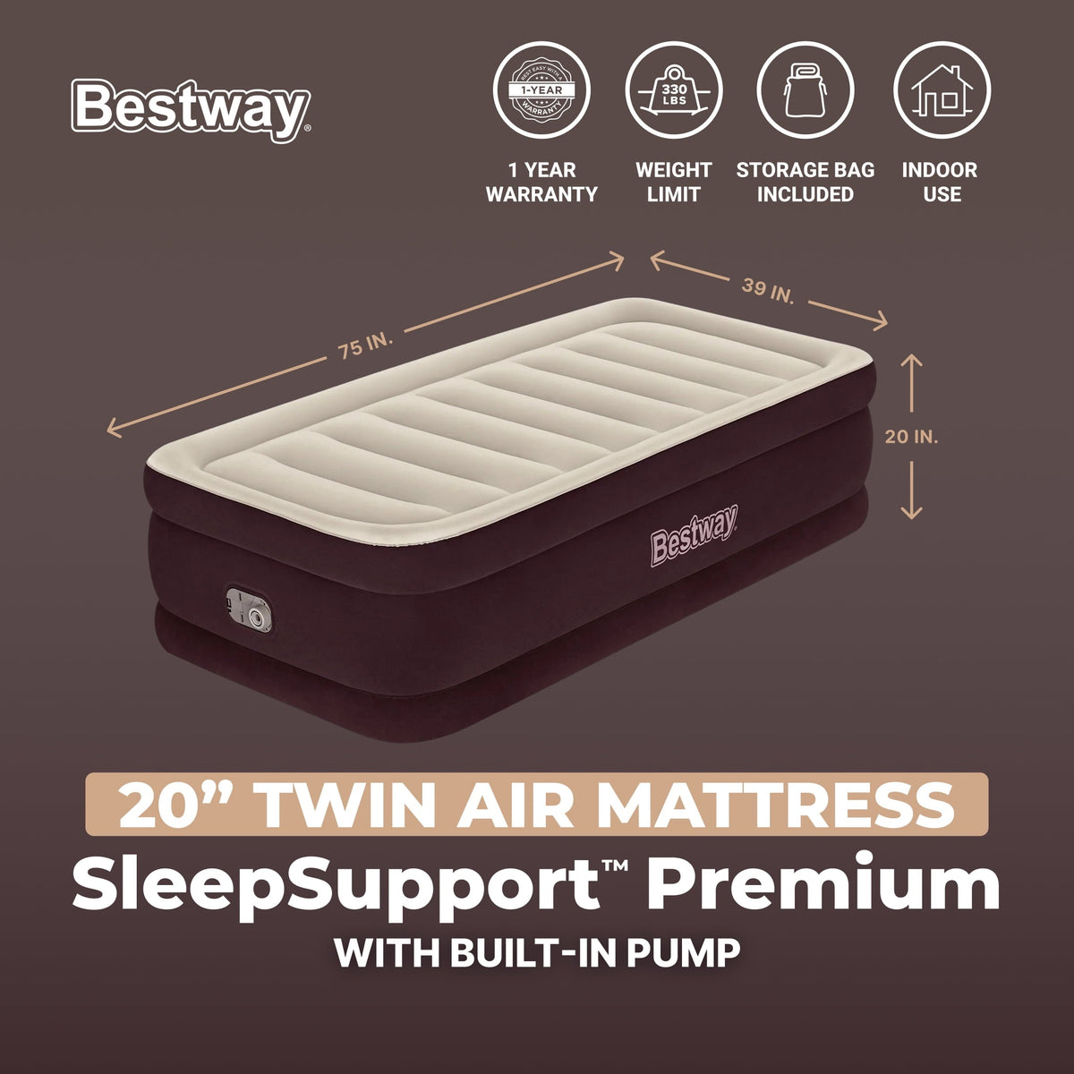 Bestway Maroon SleepSupport Premium Air Mattress Twin 20” with Built-in AC Pump