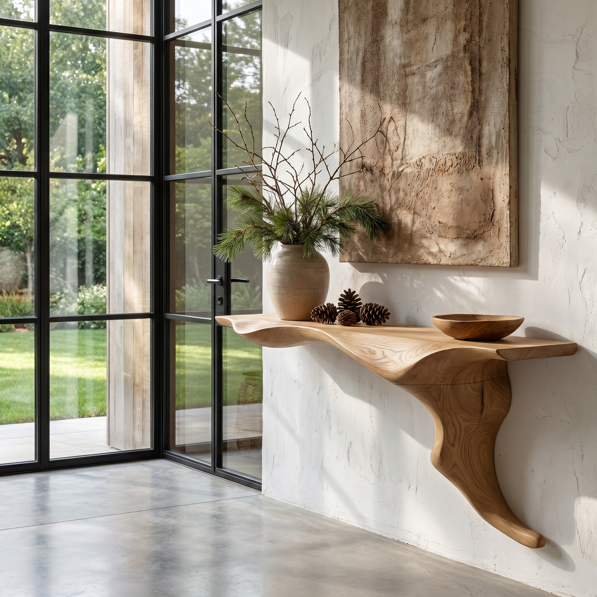 Wall Mounted Solid Wood Console Table with Tree Root Base in Oak finish