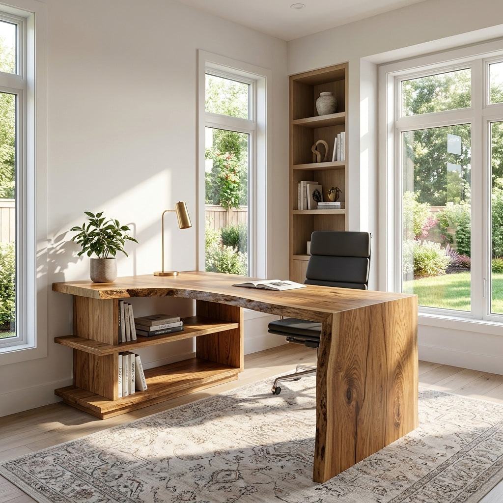 Solid Wood L-Shaped Desk with Built-In Bookshelf and Live Edge in Oak finish