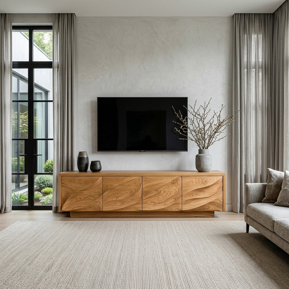 Solid Wood TV Cabinet with Carved Wave Doors in Oak finish