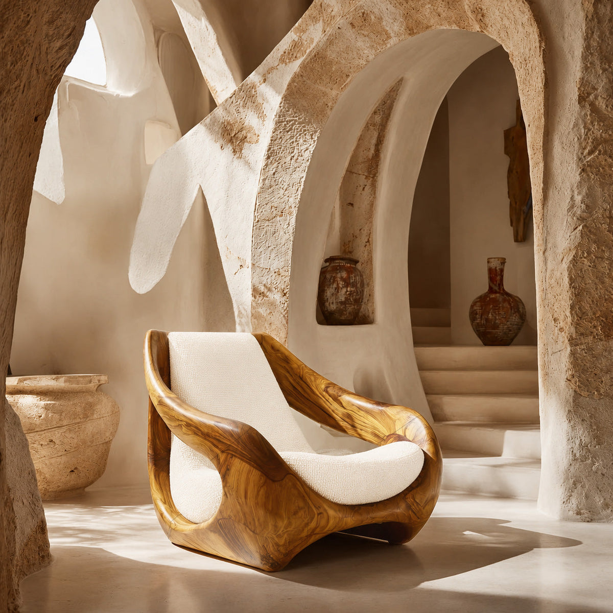 Sculptural Carved Solid Wood Accent Chair with Fluid Form in Oak finish