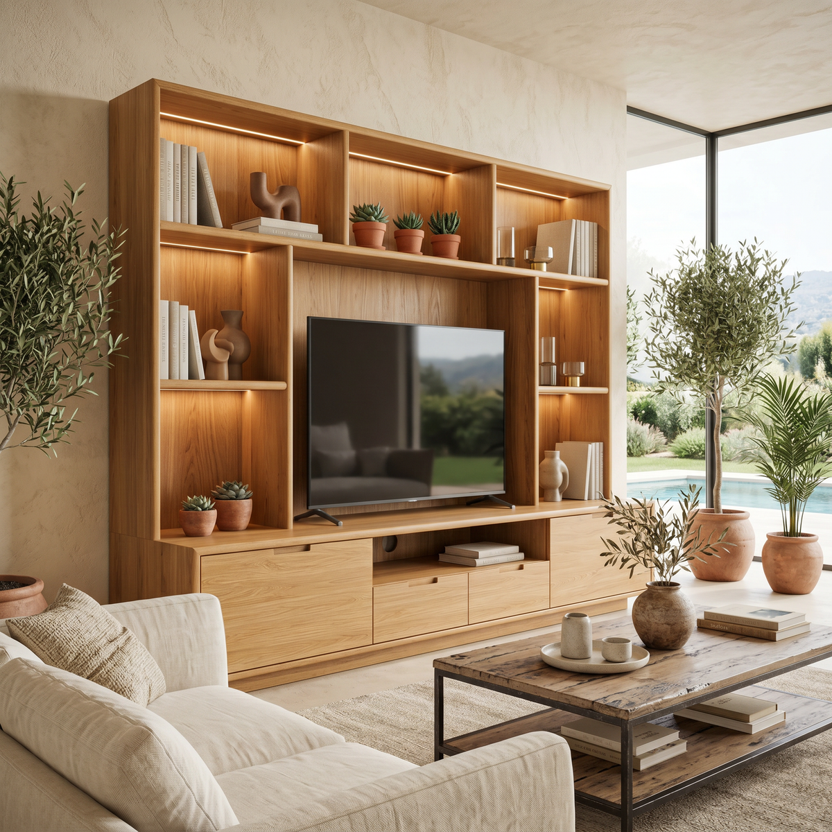 Solid Wood TV Wall Unit with LED Lit Shelves and Cabinets in Oak finish