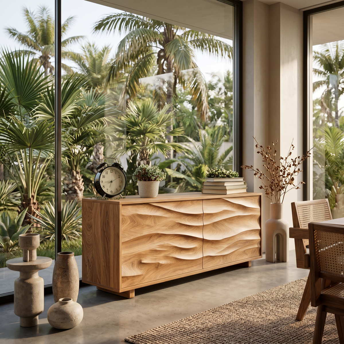 Wave Carved Solid Wood Sideboard with Sculpted Front Panels in Oak finish