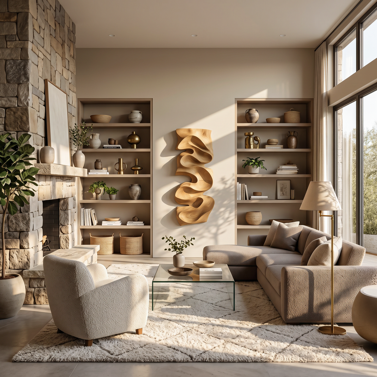 Carved Solid Wood Wall Art Panel with Cascading Curves in Oak finish