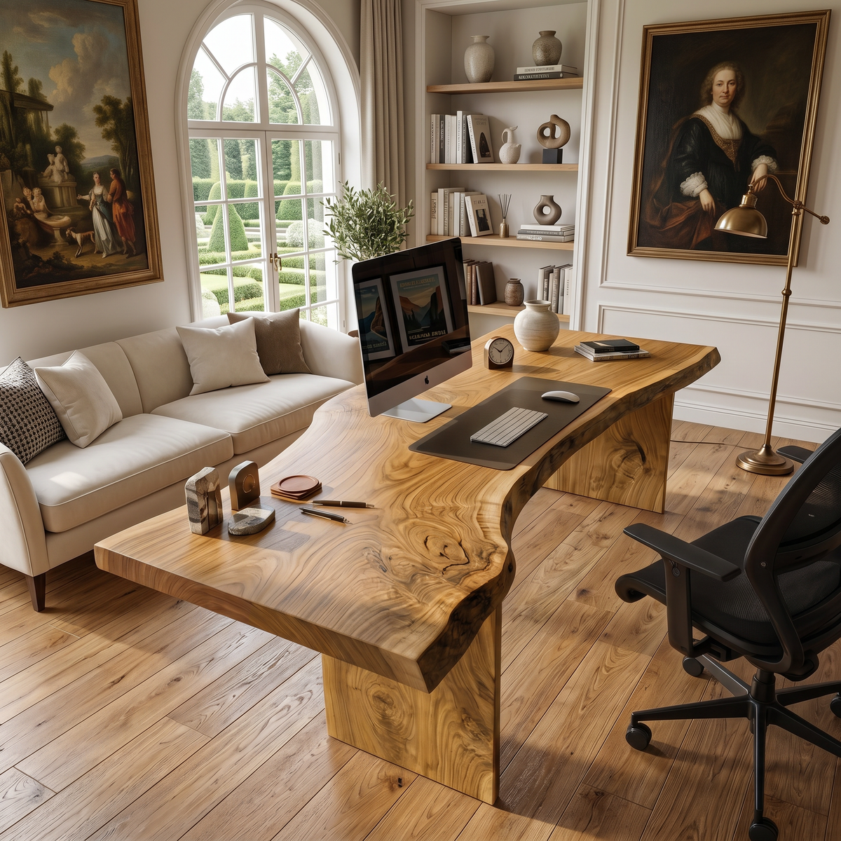 Organic Curved Live Edge Solid Wood Office Desk in Oak finish