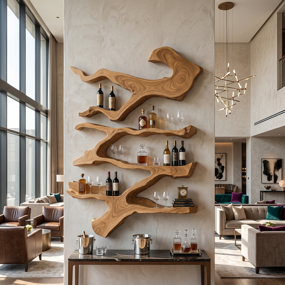 Farmhouse Monkeypod Wood Wall Wine Rack Display in Oak finish