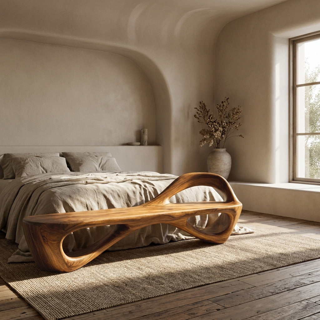 Sculptural Solid Wood Bench with Open Cut-Out Base for Living Room in Oak finish