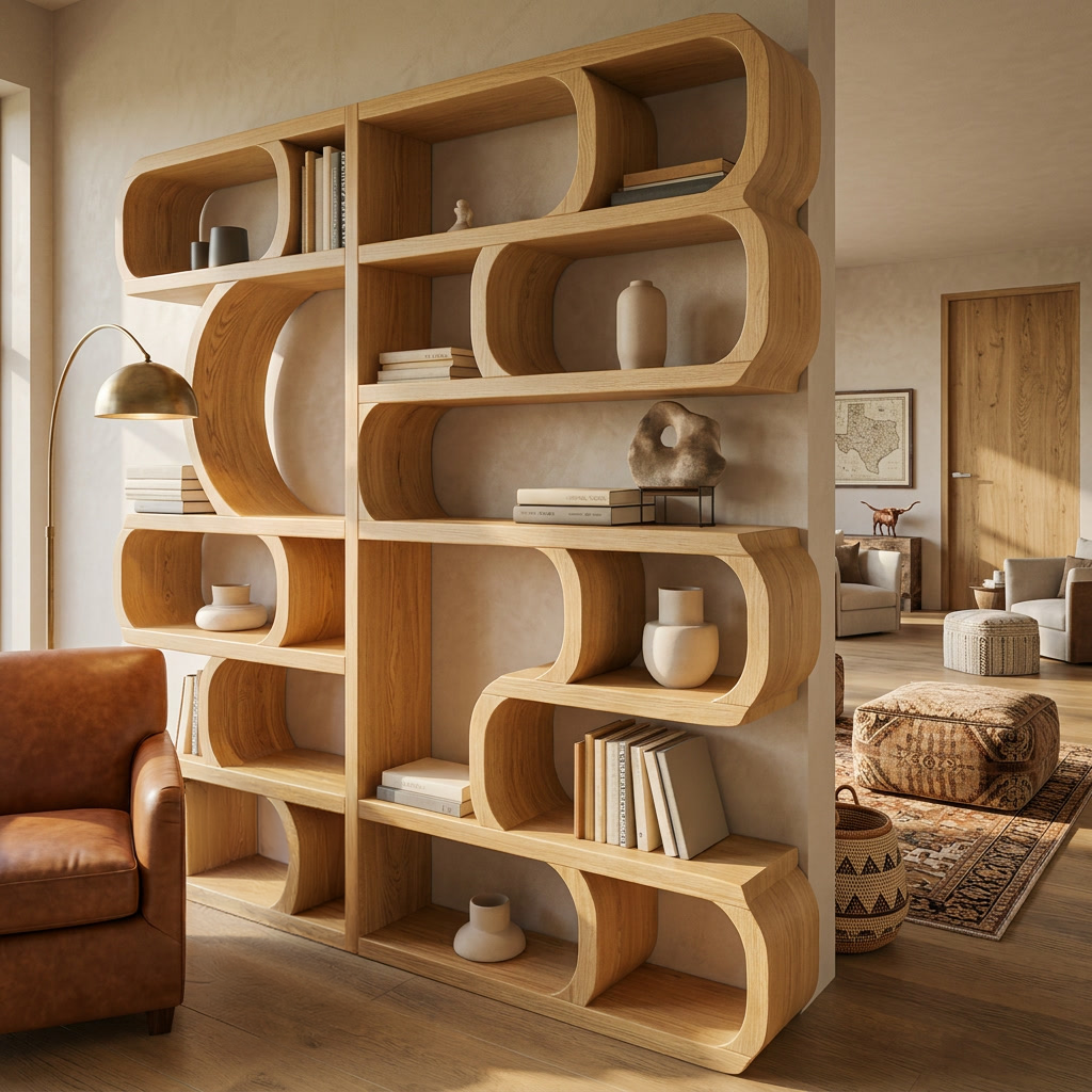 Modern Sculptural Solid Wood Bookshelf with Symmetrical Curves in Oak finish