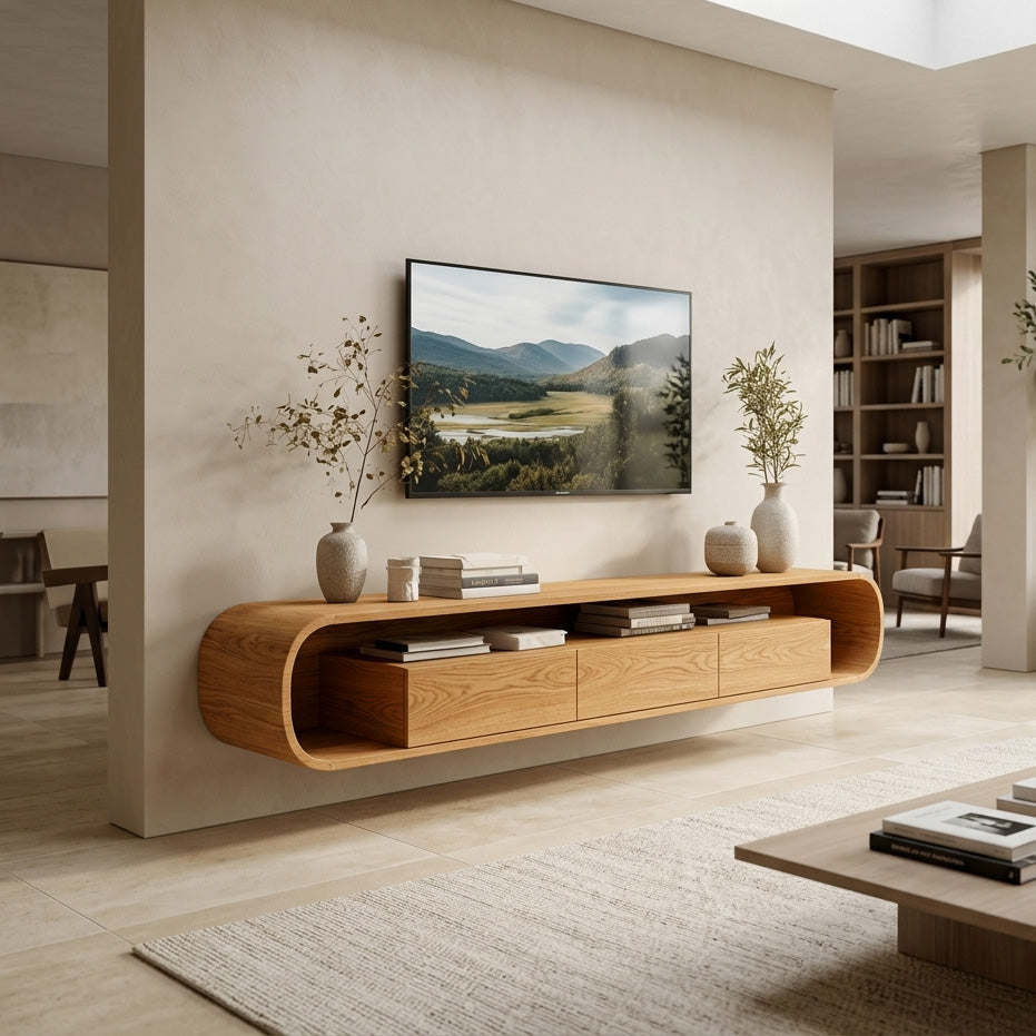 Organic Modern Floating Solid Wood TV Console with Drawers in Oak finish