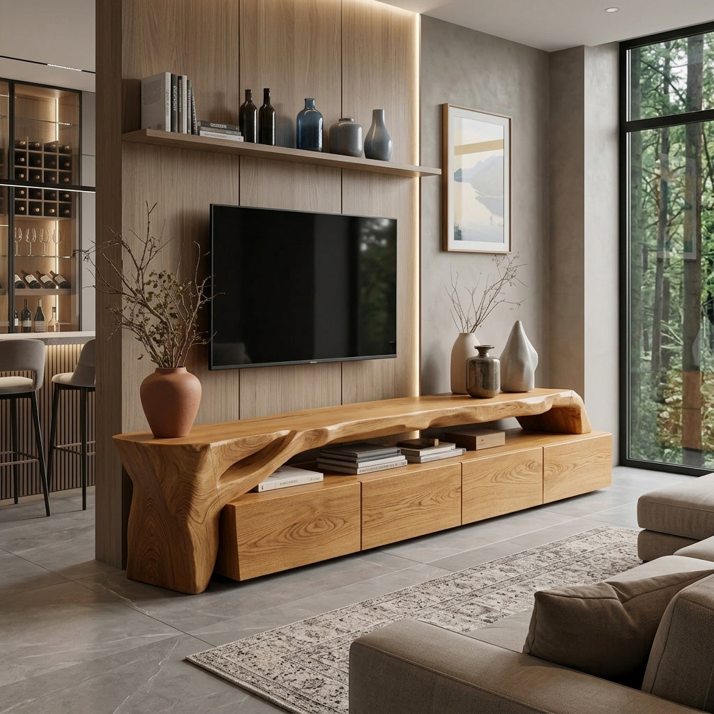 Live Edge Solid Wood TV Stand with Drawers and Open Shelves in Oak finish
