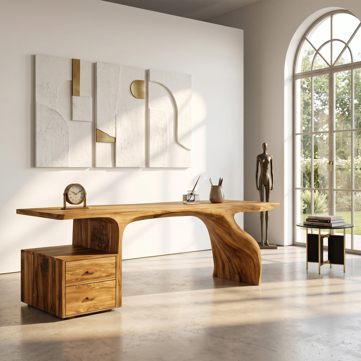 Live Edge Solid Wood Waterfall Desk with Matching Drawer Unit in Oak finish