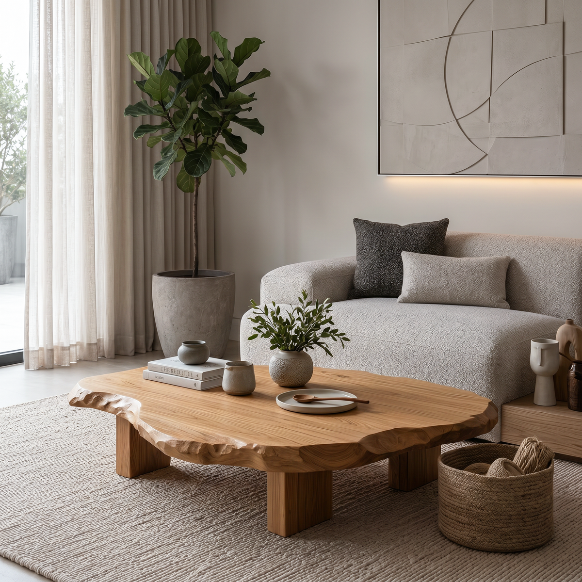 Live Edge Solid Wood Coffee Table with Block Legs in Oak finish