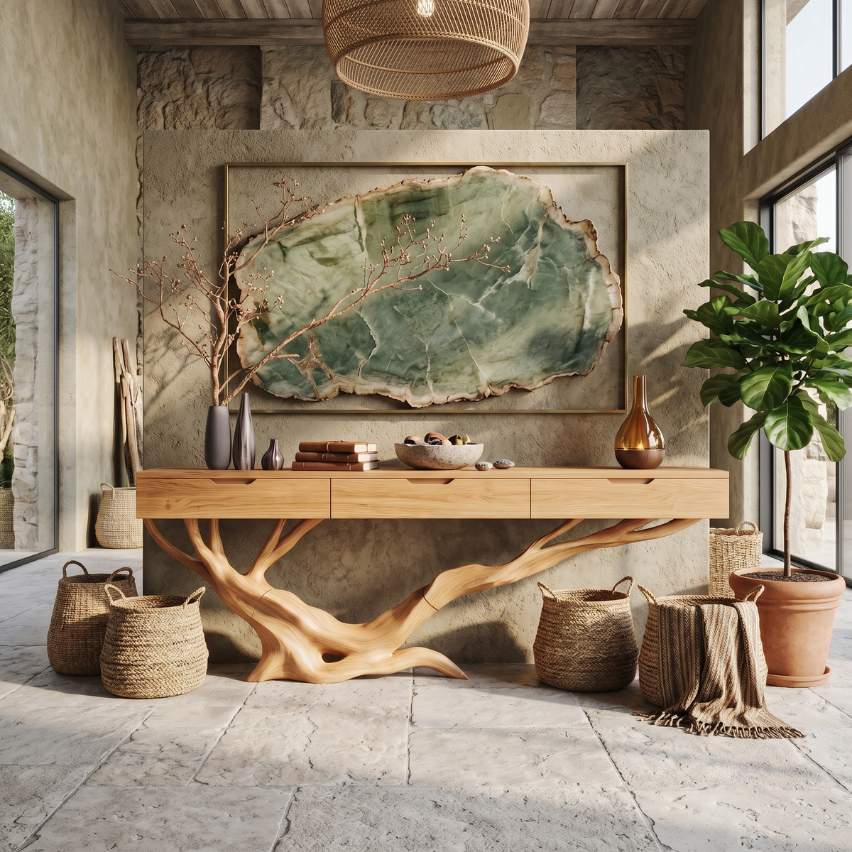 Mid-Century Live Edge Solid Wood Entryway Console Table in Oak finish