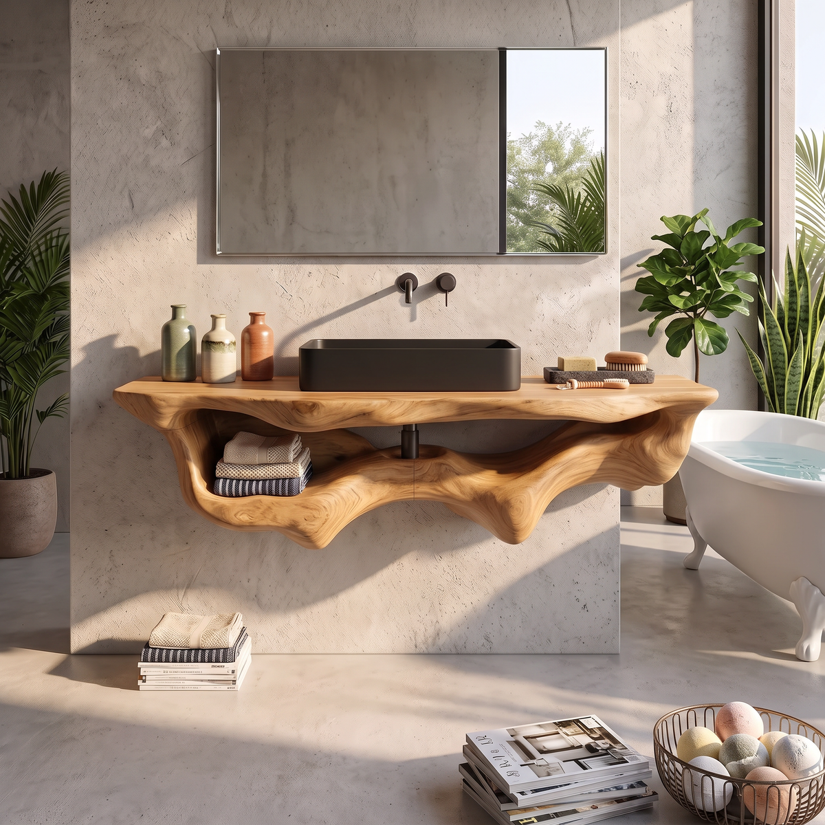 Mid-Century Live Edge Floating Bathroom Vanity Shelf in Oak finish
