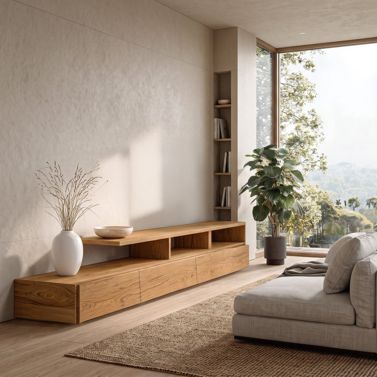 Low Solid Wood TV Console with Open Shelves and Cabinets in Oak finish