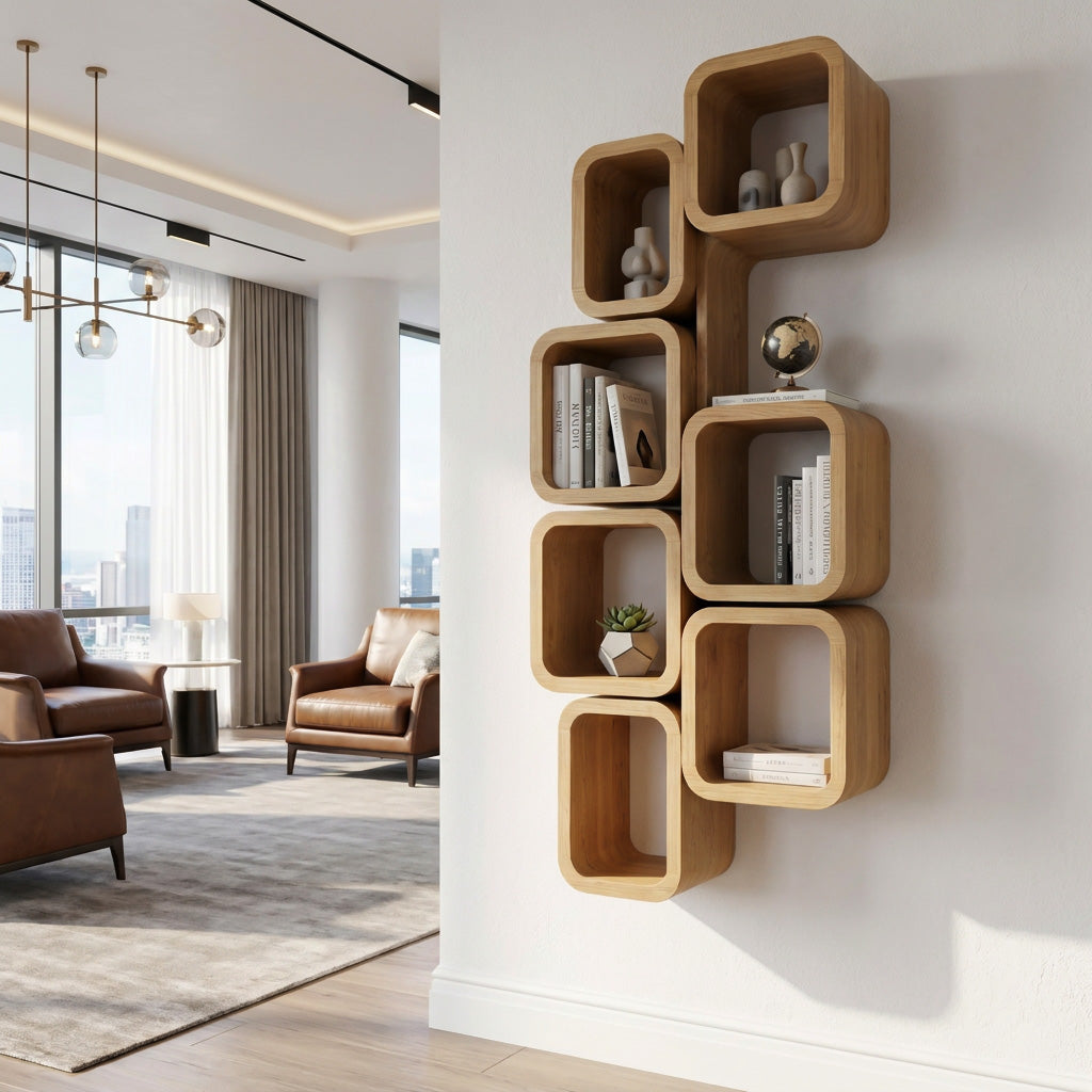 Wall-Mounted Solid Wood Bookshelf with Interlocking Squares in Oak finish