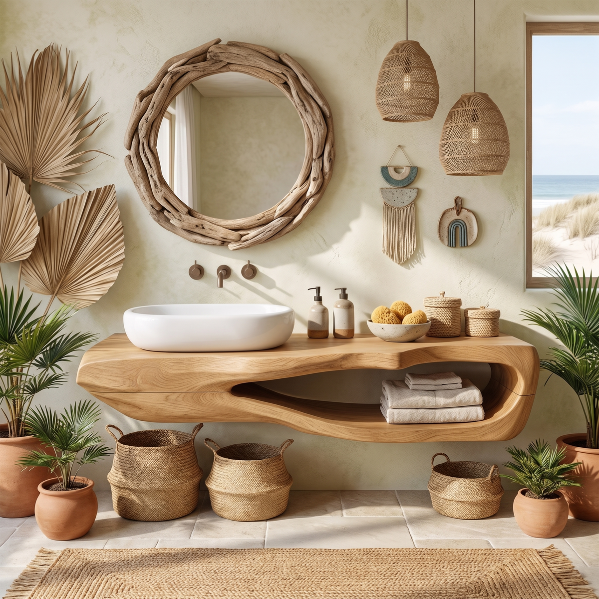 Rustic Natural Wood Bathroom Vanity Shelf for Industrial Style in Oak finish