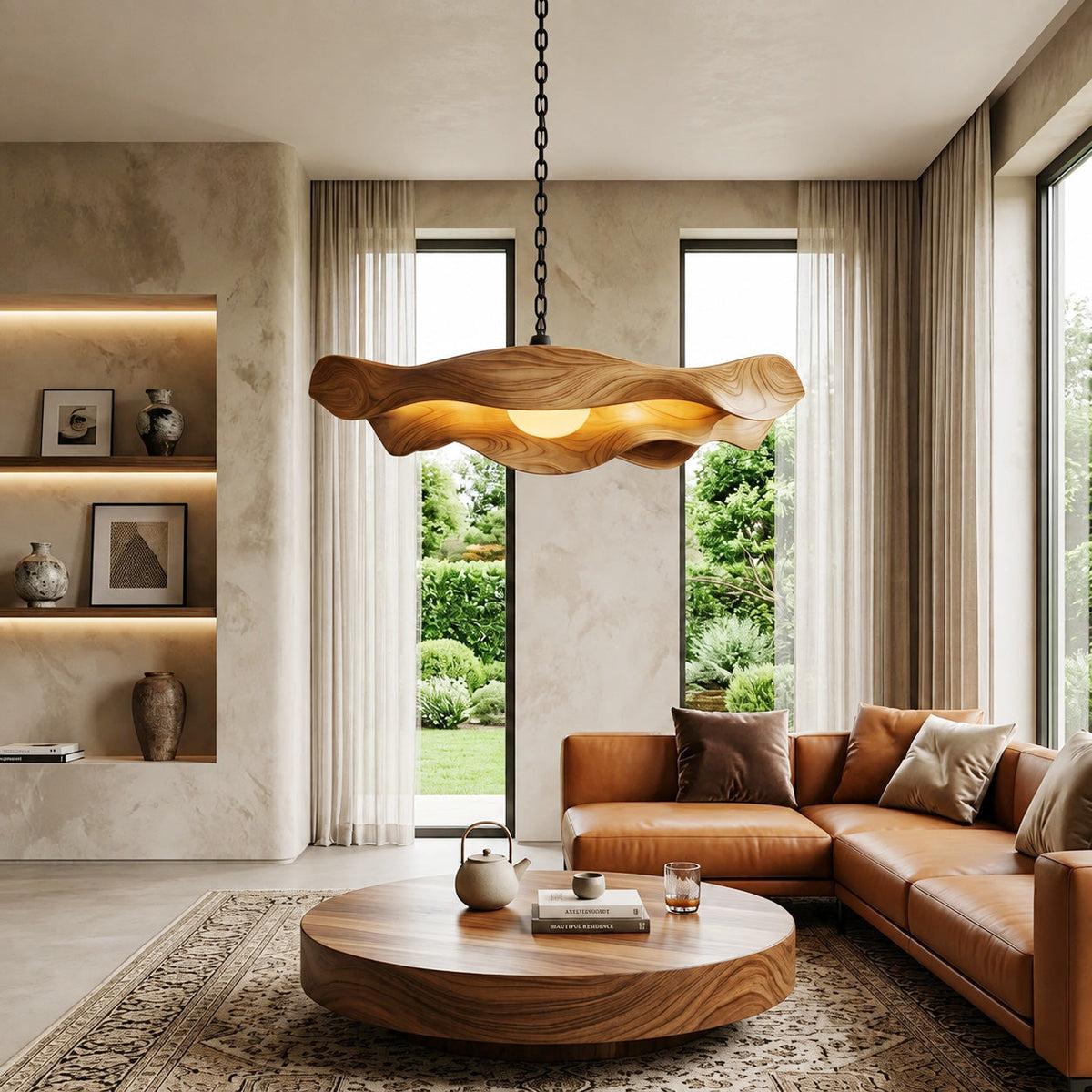 Modern Sculptural Solid Wood Pendant Light with Flowing Contours in Oak finish
