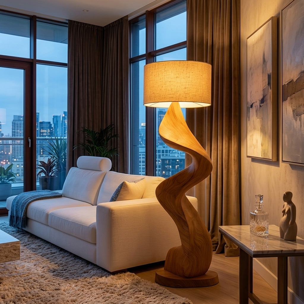 Sculptural Twisted Solid Wood Floor Lamp with Fabric Shade in Oak finish