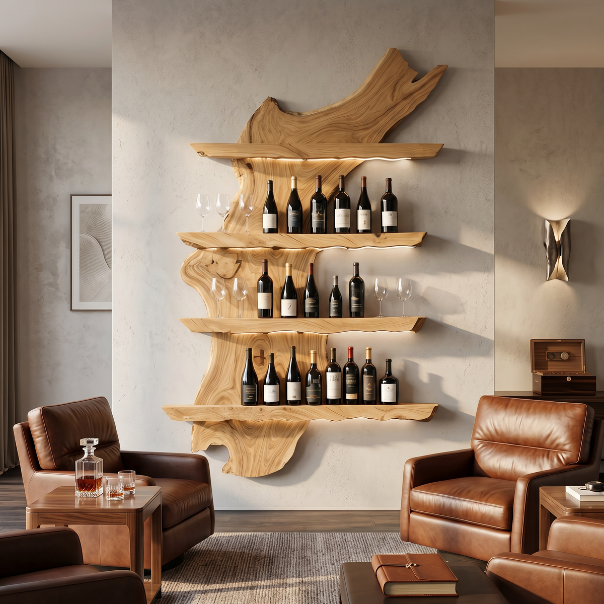 Monkey Pod Wood Wall Wine Rack in Mid-Century Style in Oak finish