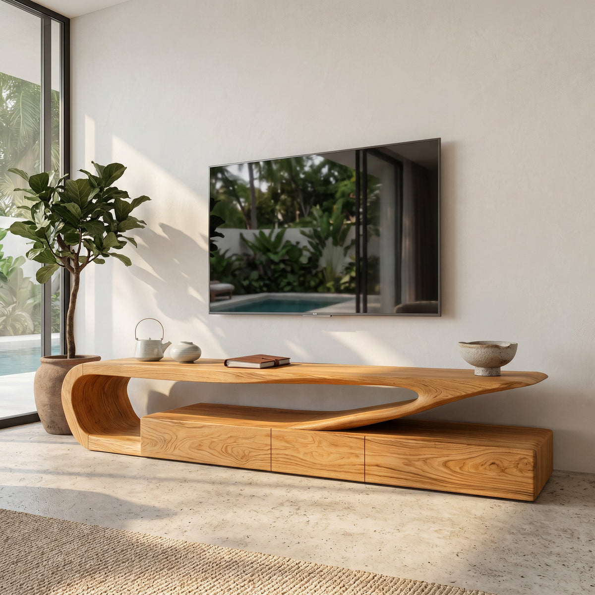 Minimalist Solid Wood TV Console with Drawers and Curved Frame in Oak finish